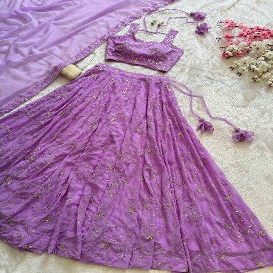 Lavender Embellished Georgette Lehenga Set - Perfect for Festivities & Weddings