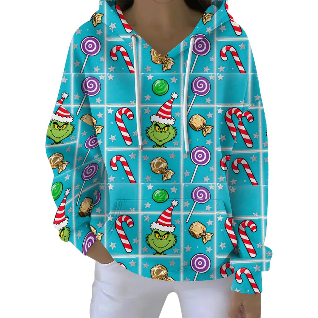 Ladies' Loose And Comfortable Drawstring V-neck Long Sleeved Christmas Printed Sweatshirt