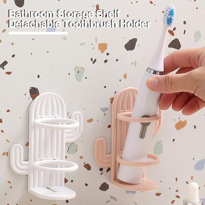 Cute Cactus Toothbrush Holder Space-saving Easy Installation Wall Mounted Punch-free Waterproof Bathroom Toothbrush Organization Shelf AVE