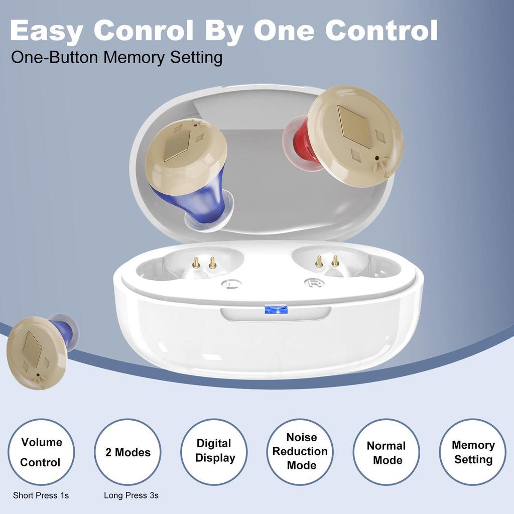 Rechargeable Noise-Reducing Invisible Hearing Aid with Amplifier and Button