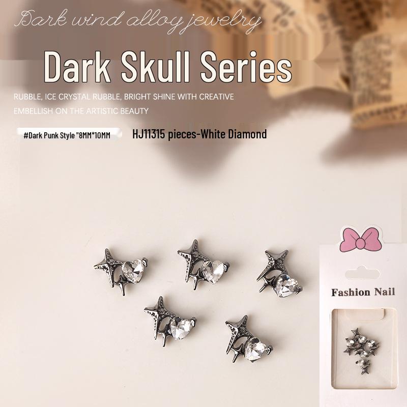 Dark Skull Retro Chrome Heart Scarlet Cross Nail Rhinestone Embellishments - 5 Pcs