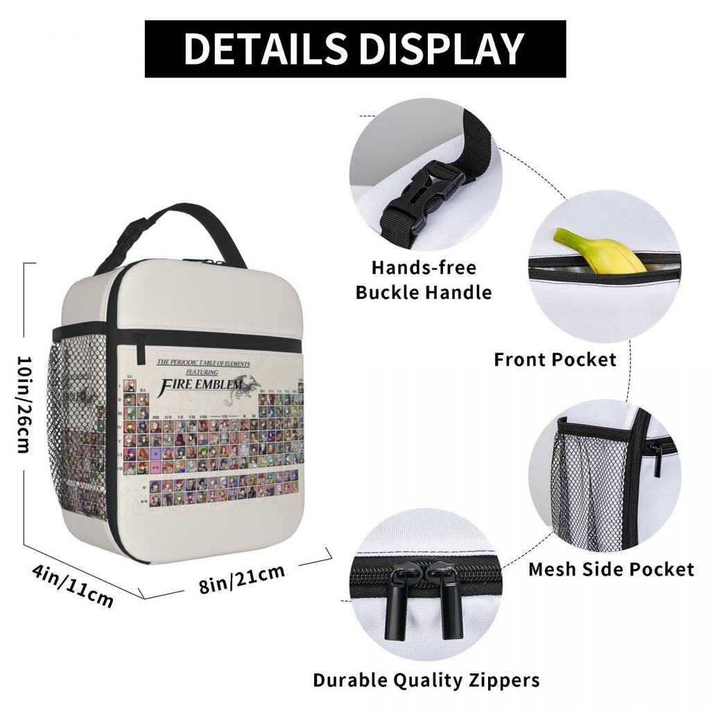Periodic Table Fire Emblem Insulated Lunch Bag for Women Children Portable Food Boxes Thermal Lunch Box Tote
