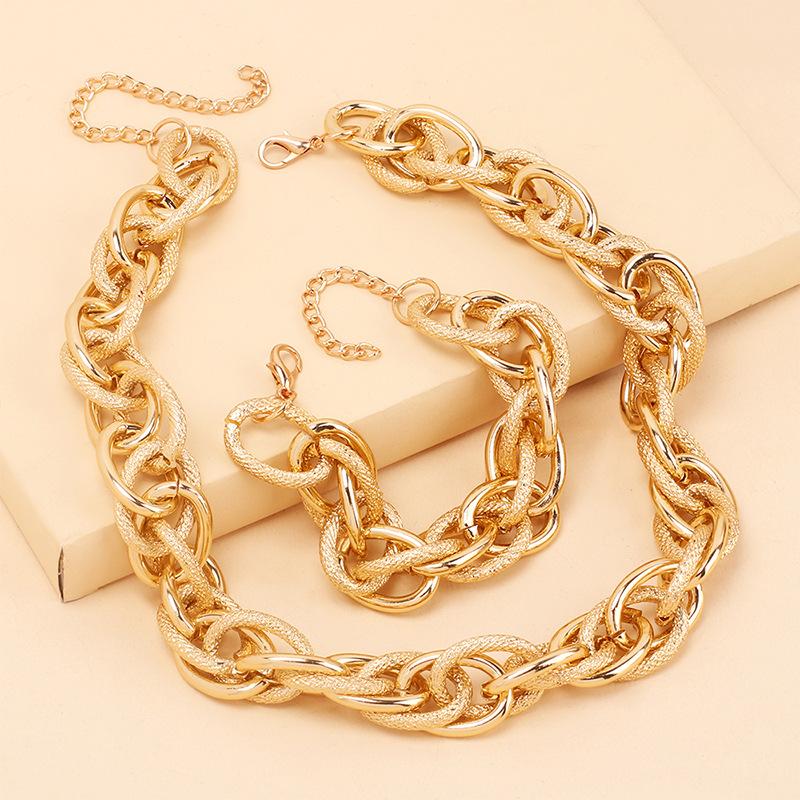 Gold exaggerated aluminum chain choker necklace bracelet combination set, niche jewelry