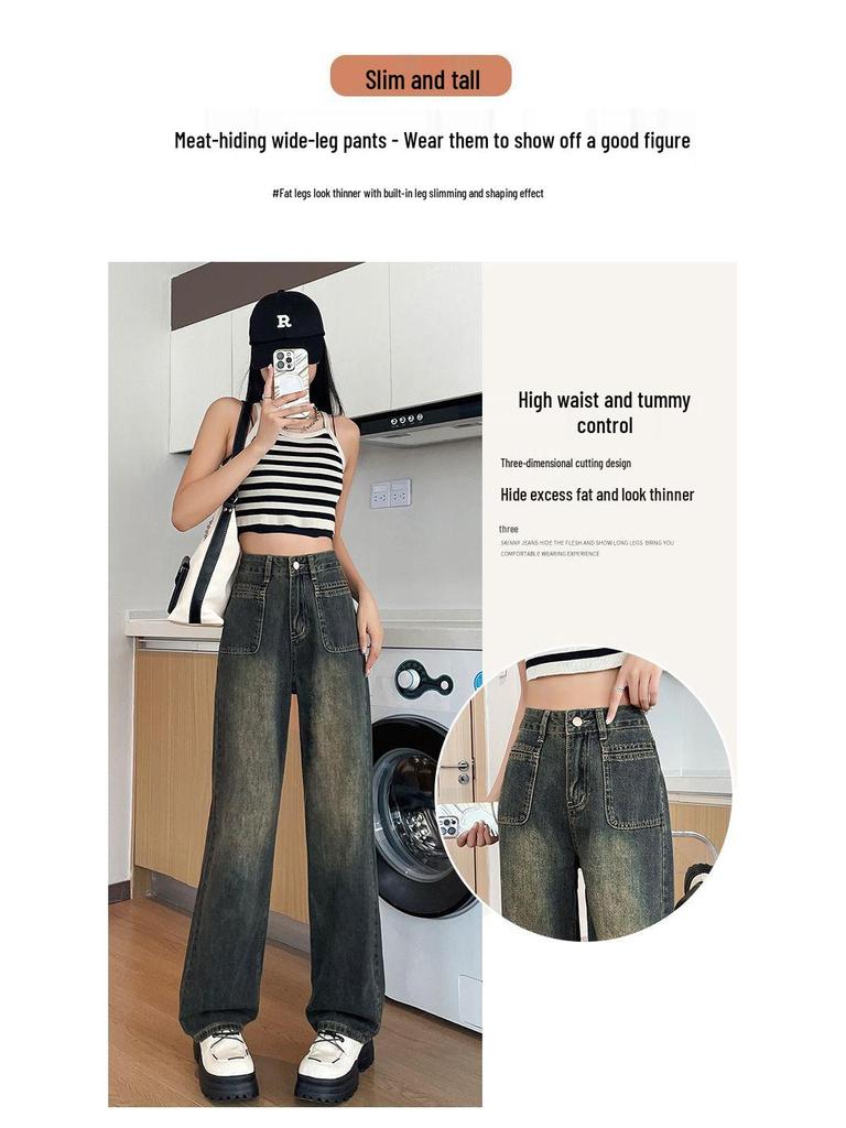 Women's Retro Blue Wide-Leg Jeans - 2025 Autumn/Winter New Loose Straight-Leg Slimming Floor-Length Pants