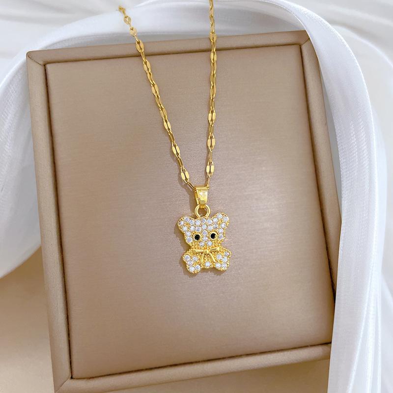 Light Luxury Cute Bear Full Of Zirconium Inlaid Real Gold Necklace Women'S Transfer Collarbone Chain With Jewelry
