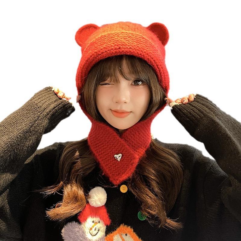 Cute~ Three-dimensional Bear Ears Knitted Wool Hat Women's Big Head Circumference Versatile Face Fashion Hat Thermal Ear Hat