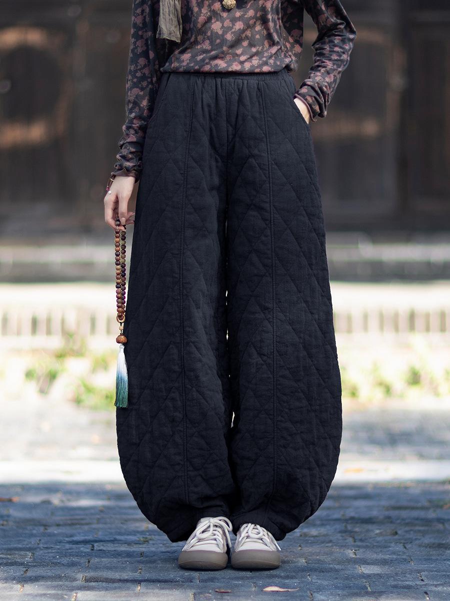 

Johnature Women Vintage Bloomers Pants Winter Elastic Waist Solid Color Trousers Warm Loose Pants One Size чорний