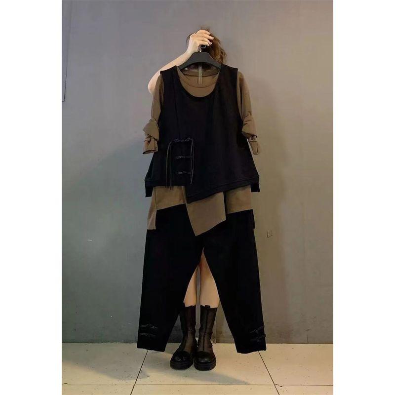 

Plus Size Ladies Vest Pants Three-Piece Retro Fashion Buckle Curry 2XL(Suggested 55.00 kg-60.00 kg)