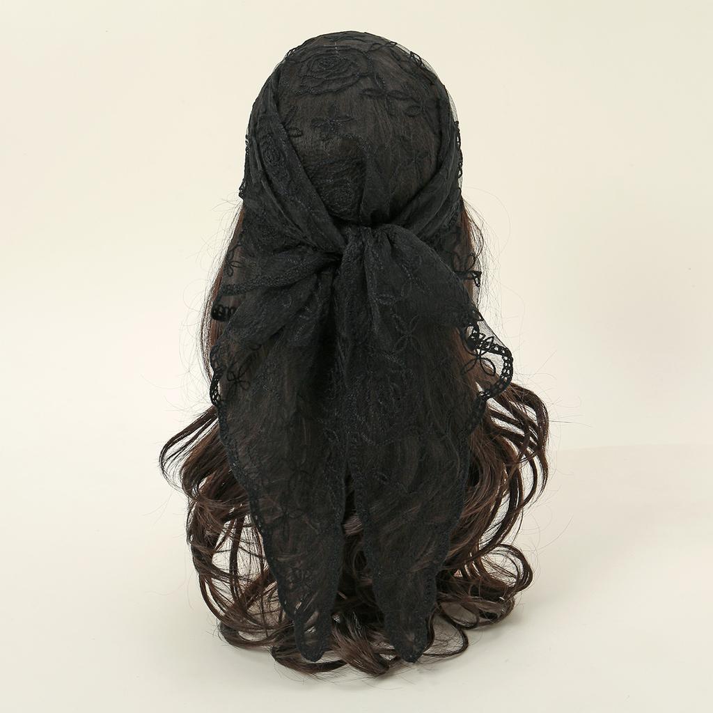 Embroidery Lace Floral Triangular Scarf Veil Woman Muslim Prayer Headscarf Elegant Headcloth Spanish Shawl 130*45Cm