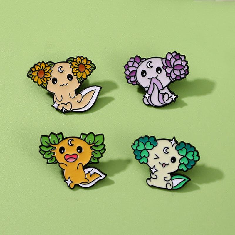 Original Enamel Alloy Brooch Cute Axolotl Flower Animal Pin Badge for Student Backpack Clothes Bag Decoration