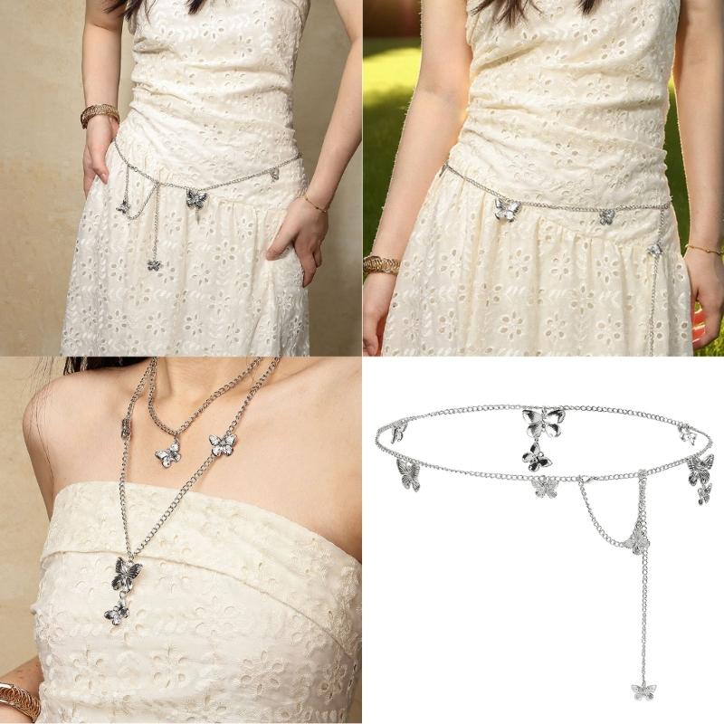 Elegant Butterfly Fringe Pendant Waist Belt Adjustable Metal Chain For Women Fashion Accessory