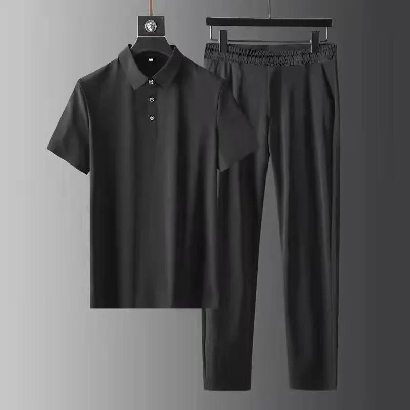 Polo Collar Set, Elastic Ultra thin Quick dry Ice Silk Short-sleeved Two-piece Set, High-end Men s Lapel XS