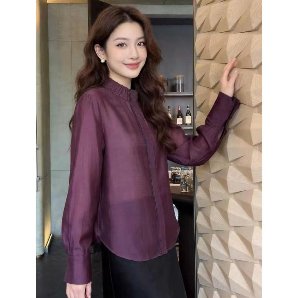 Rongtai Women's 2026 Spring Tencel Glossy Stand Collar Shirt