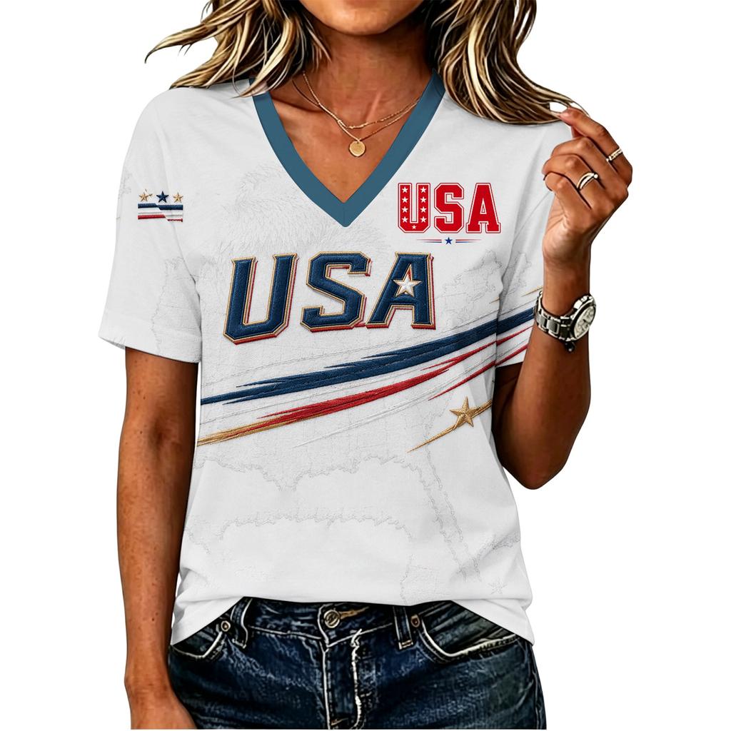 Dames V-hals T-shirt met Korte Mouwen en Letterprint voor Casual Dagelijks Gebruik