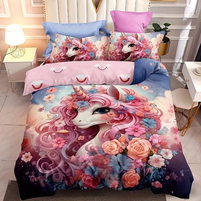 Bettwäscheset für alle Jahreszeiten mit rosa Blumenmuster und Einhorn-Print, weicher, bequemer und atmungsaktiver Bettbezug für Schlafzimmer, Gästezimmer und Wohnheim