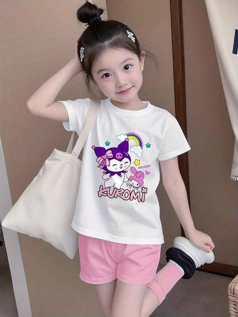 Taglie Europee T-shirt da Ragazza Stampa Carina Rosa Nero Anime Maglietta Morbida Girocollo Manica Corta per Bambini 3-13 Anni