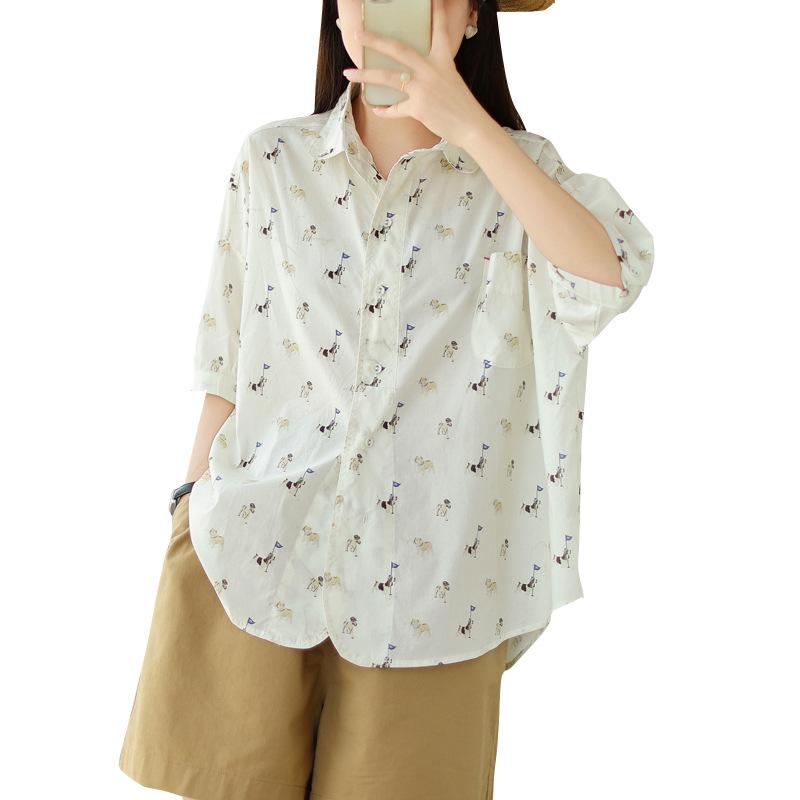 Japanese fashion puppy print short-sleeved shirt women's summer new loose and versatile niche design top
