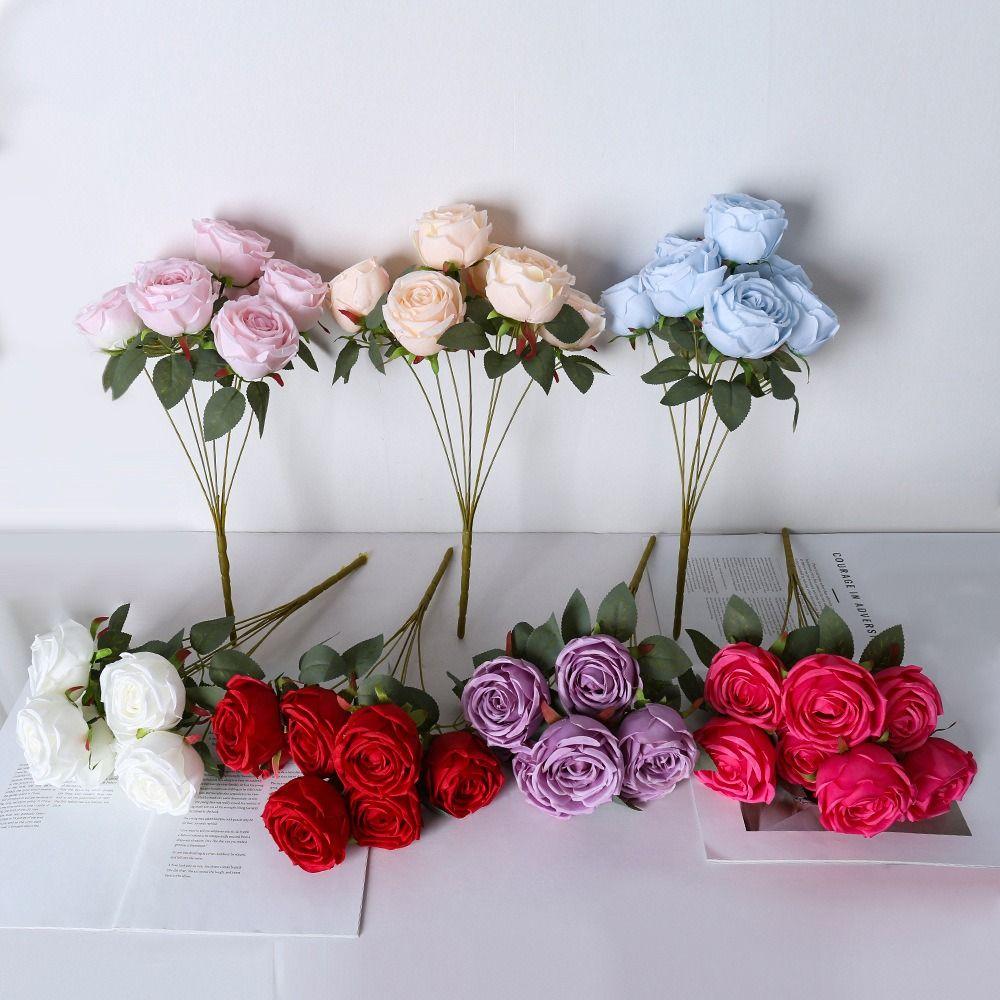 Multicolor Artifcial Rose Flower Green Leaves 7 Heads Simulation Rose Flower Photo Props Accesssories Floral Arragement