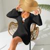 Women Sexy Deep V Hollow Out Long Flare Sleeve Crochet Flower Bodycon Mini Beach Cover Up Dress