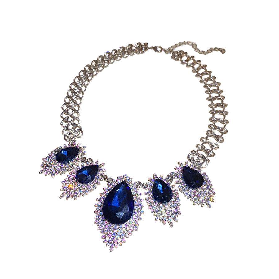 Silver Needle Inlaid with Diamonds, Colored Rhombus Water Drop Earrings,exaggerated Elegance, Clavicle Chain, Light Luxury and High-end Set