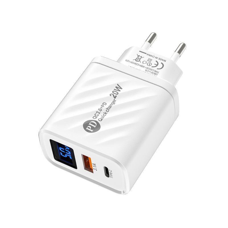 Pd Type C Usb Quick Charge 3.0 Wall Phone Charger 20W Fast Charging Digital Display Charger Adapter