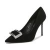 Pointed Thin Heel Size High Heels, Shallow Mouth Wear Rhinestone Metal Square Buckle Single Shoes