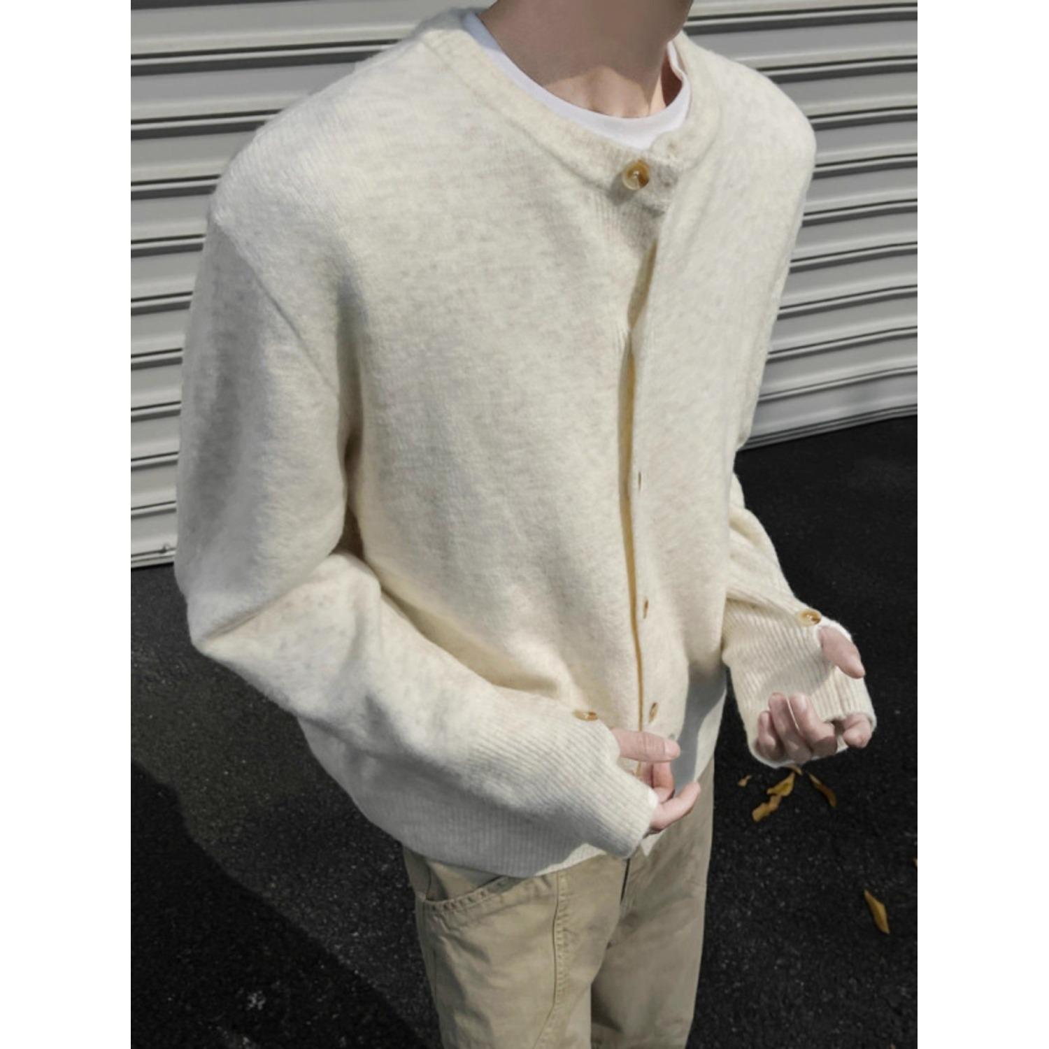 

Simple Round Neck Solid Color Breasted Knitted Cardigan Men s Autumn and Winter American Lazy Style High-end Heavy Sweater Jacket 3XL