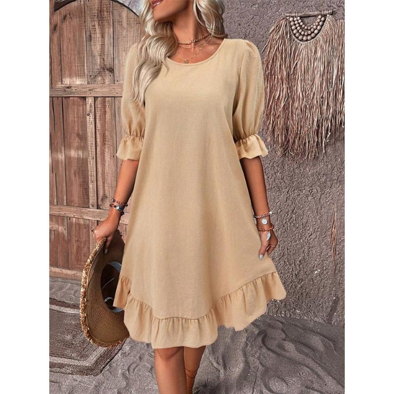 Frühling Sommer Retro Rundhals Kurzarm Damenkleid Mode Elegnt Einfarbig Locker A-Linie Partykleider Lässig Schlicht Rüschen Bürokleidung
