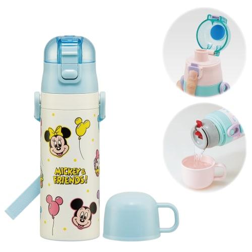 Skater Children's Water Bottle, 2-Way, 470ml (Direct Drinking) or 430ml (Cup Drinking), Disney Mickey & Friends Balloon Design, Stainless Steel, Insul
