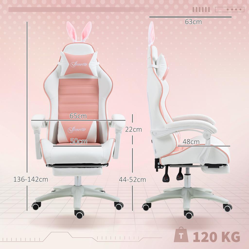 Gaming Chair, Ergonomic Gamer Chair with Lumbar Support, Footrest, Bunny Ears Headrest Pillow, Pink