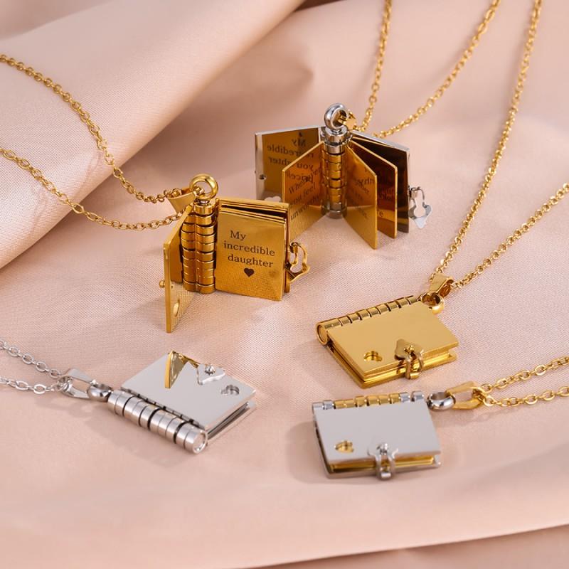 Stainless Steel Book-Shaped Pendant Necklace With Custom Engraved Message Mom Dad Grandma Or Lover Gold Plated Chain