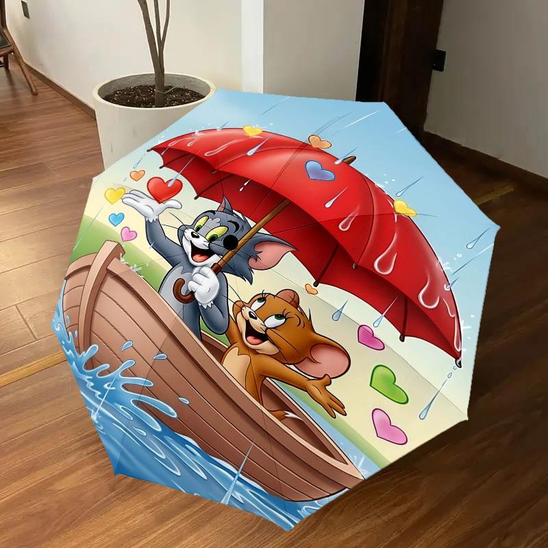 1pc Tom and Jerry Automatic Open/Close Umbrella Compact Folding Umbrella with 8-Rib Shaft Lightweight Esign, for Women/Men1152A