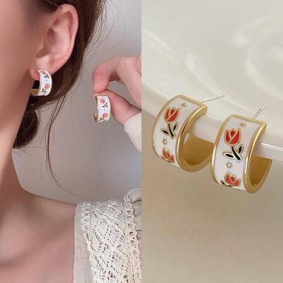 925 Silbernadel Französische Retro Emaille Tulpe C-förmige Ohrringe - Leichter Luxus Florales Design für Frauen