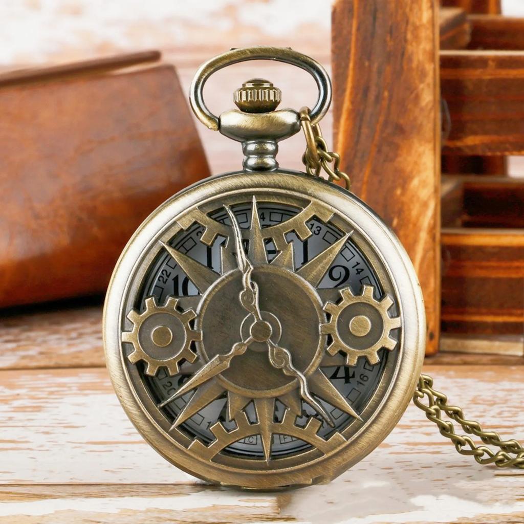 Exquisite Retro Bronze Steampunk Hollow Gear Design Quartz Pocket Watch with Necklace Chain Leisure Pendant Gift Men's Clock