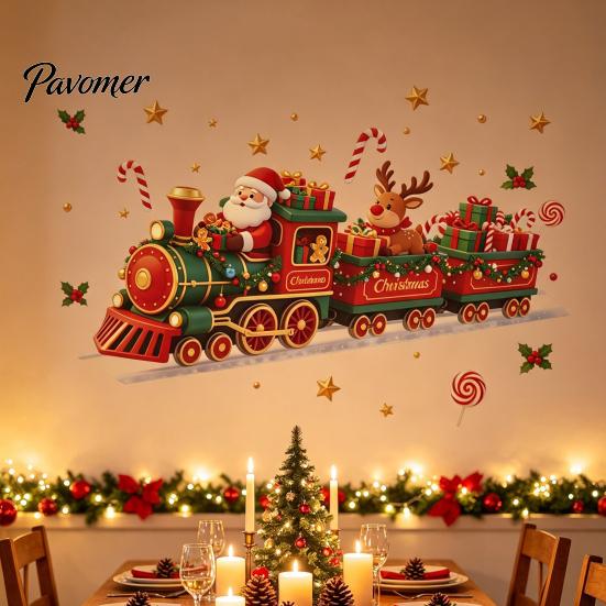 Kids Room Christmas Ornament Train Wall Sticker, Santa Claus Reindeer Decals, Self Adhesive Waterproof Glass Stickers Murals, Removable PVC Art Decor