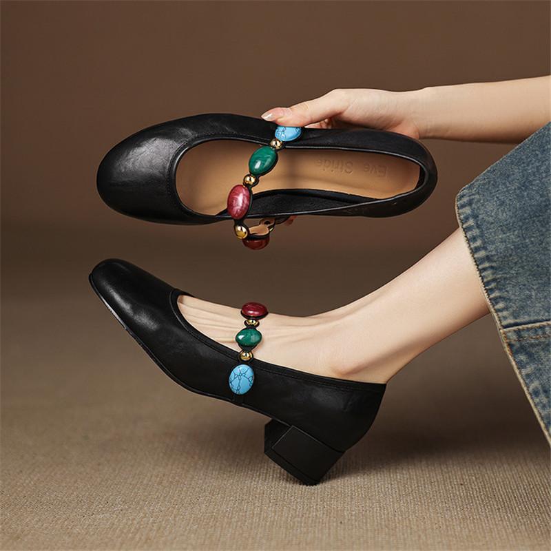 Fashion New Spring/summer Round Toe Women Pumps Chunky Heels Genuine Leather Mary Jane Shoes for Women Ladies Shoes Zapatos De Mujer