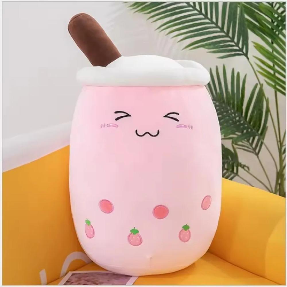 Kawaii Fruit Drink Plush Stuffed Soft Pink Strawberry Milk Tea Plush Boba Tea Cup Toy Bubble Tea Pillow Cushion Kids Gift