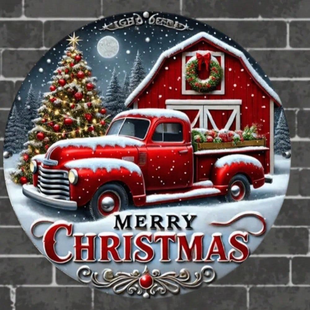Vintage Red Truck Metal Christmas Wall Sign 8 Inch Round Waterproof Holiday Home Decor Hanging Plaque