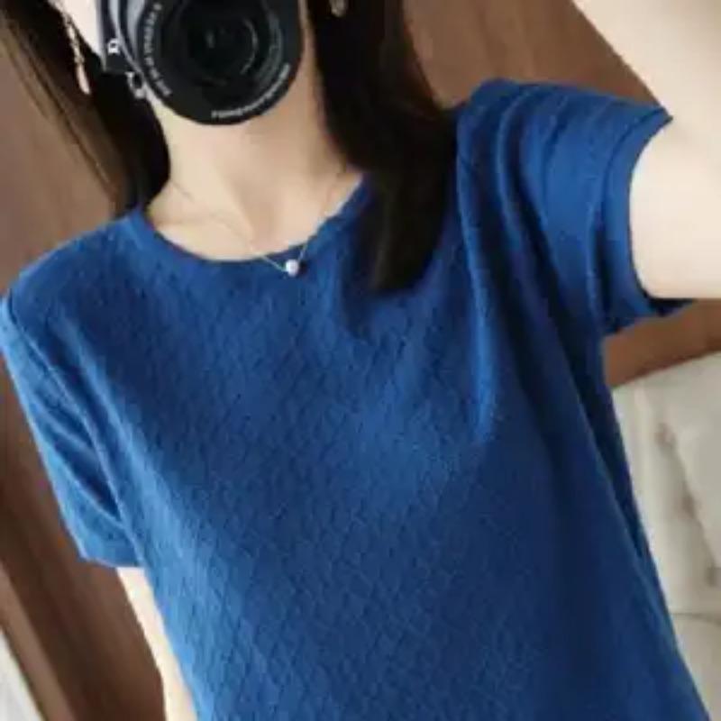 Women's Crew Neck Short Sleeve T-Shirt Rhombus Jacquard Solid Color Loose Casual Basic Top