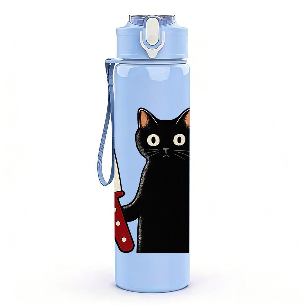1PC Cat With Kitchen Knife 750ml Color Plastic Sports Water Bottle Leakproof Flip Straw Lid Suitable for Sports Office Home Use