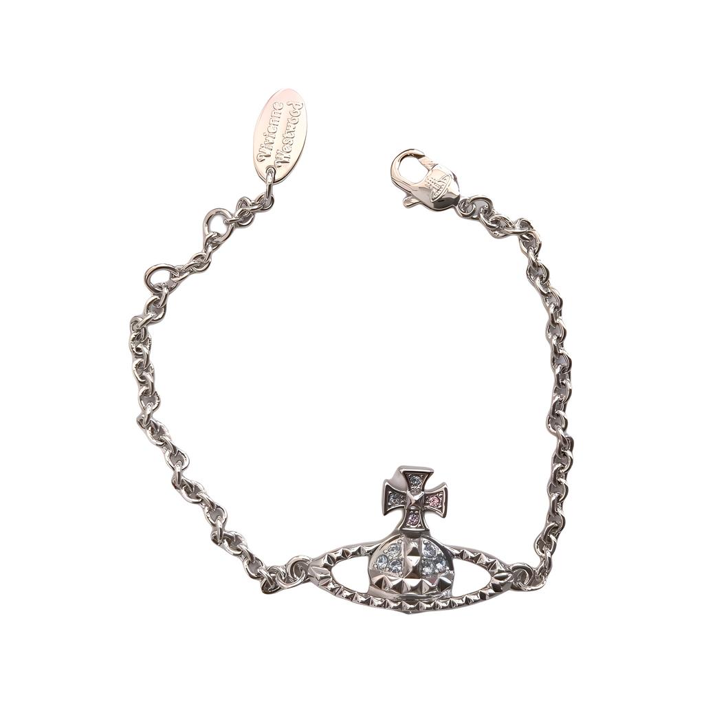 VIVIENNE WESTWOOD Mayfair Bas Relief Classic Series Studded Saturn Seasonal Limited Blue Diamond Silver Chain Bracelet Women Bracelet 61020032-02W388
