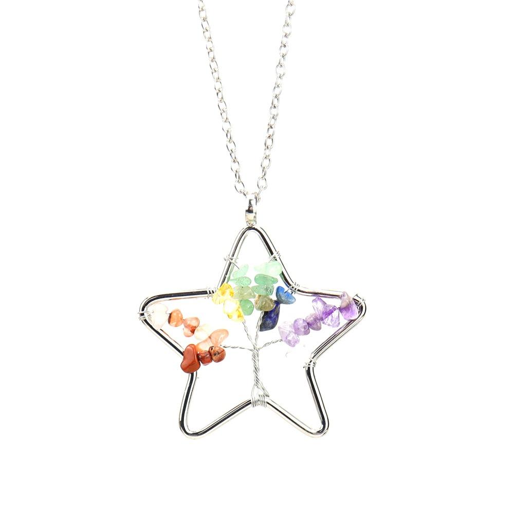Hand-Wound Silk Natural Crystal Gravel Five-Star Tree Of Life Necklace N118