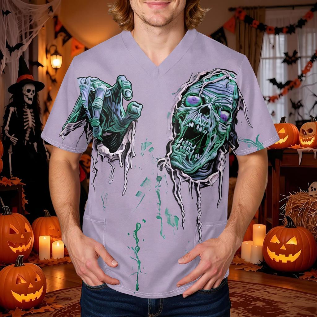 Herren Halloween Print V-Ausschnitt Kurzarm Kasack mit Tasche