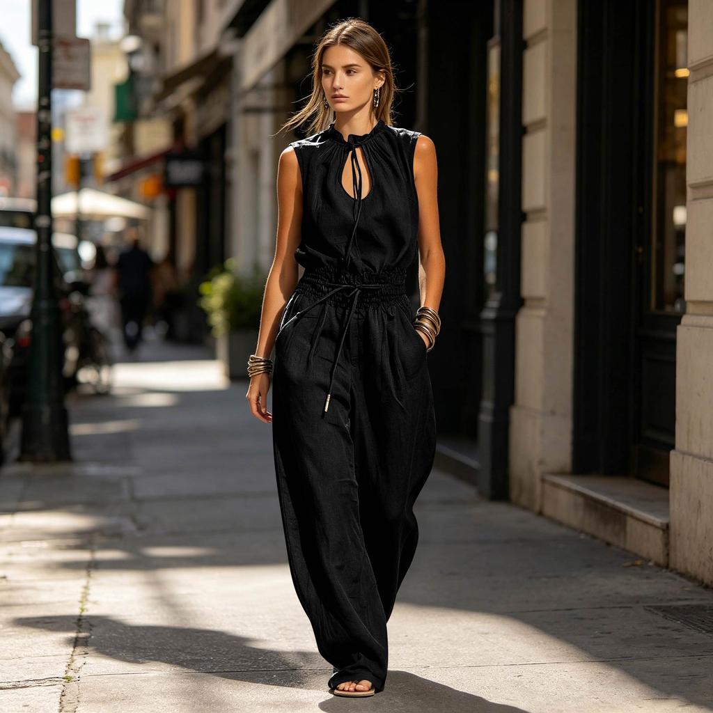 Tuta senza maniche Vestibilità ampia Gamba larga Vita con coulisse Scollo con buco Estate Casual Stile di strada Romper