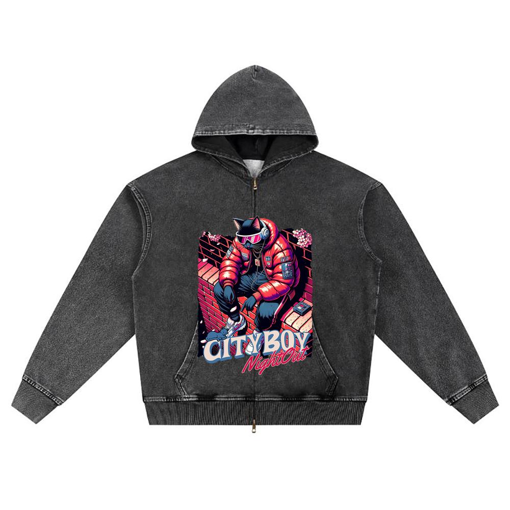 DTG print Knitted Denim Zip-Up Hoodie Futuristic Cat Brother Print Zipper Hoodies  