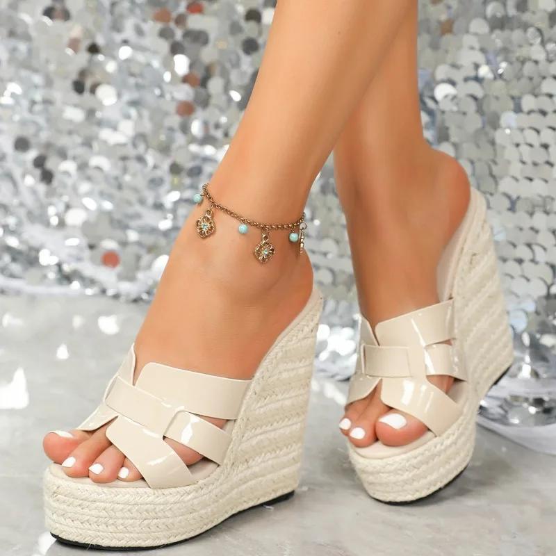 Fashion 14 Cm Super High Heel Wedge Slippers Women Fashion Woven Slide Sandal Comfort Non-slip Open Toe Platform Sandal Zapatos De Mujer