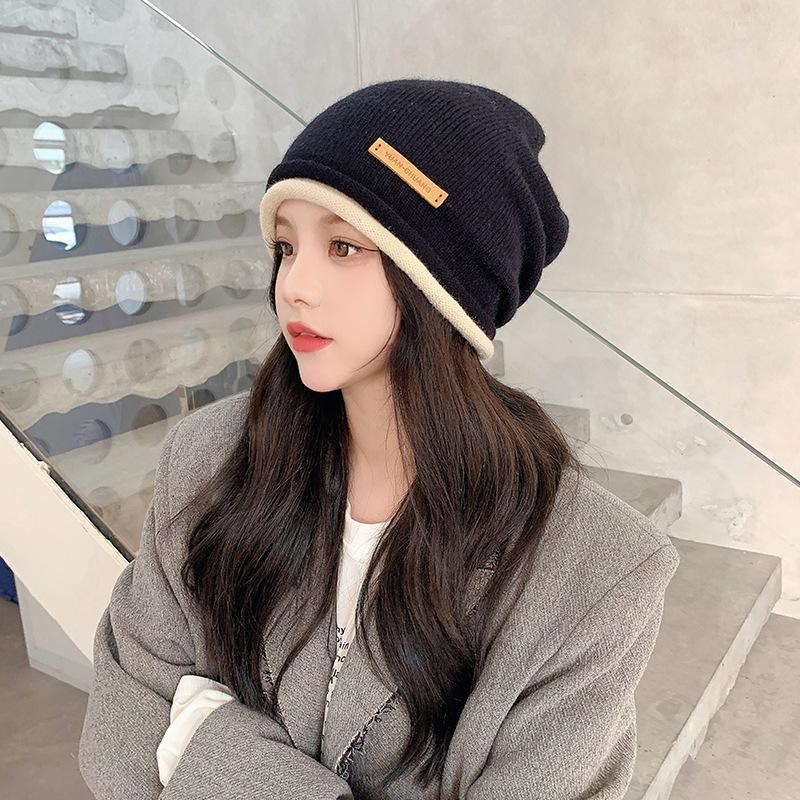 Curled Edge Fashionable Knitted Pullover Hat for Women Ear Protection Outdoor Confinement Warm Color Matching Toe Cap  Wool Pile Hat for Men
