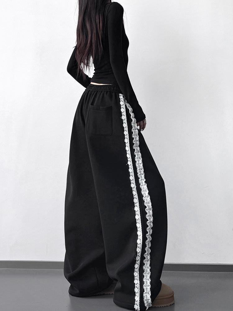 Damen Jogginghose 2025 Schwarz mit seitlicher Spitze - Elastischer Bund, Vielseitig Weiter Schnitt, Lässige Street Dance Hose