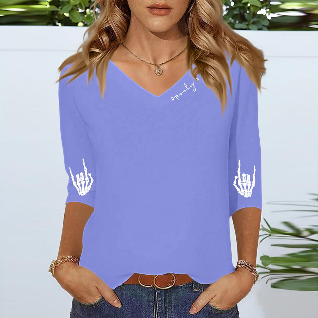 Women's Three-quarter Sleeve Shirt V-neck Loose Casual Spooky Scason Halloween Print Top