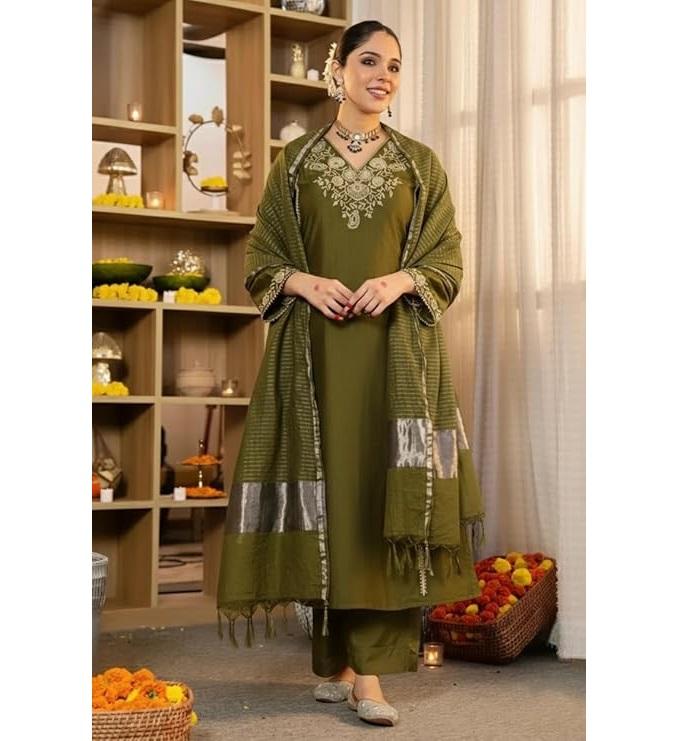 Women Embroidery Solid Straight Kurta and Pant Set with Dupatta S зелёный